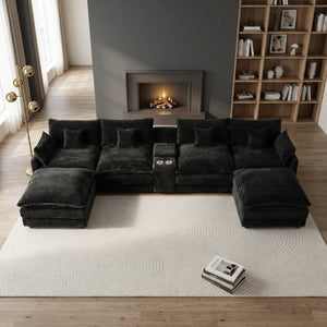 English Elm 145 Inch U-Shaped Modular Sectional Chenille Cloud Sofa with Console and USB Ports Black W5939S00001