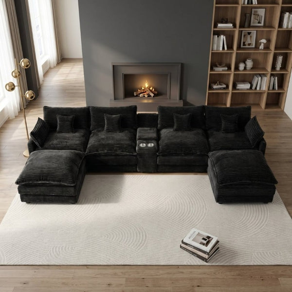 English Elm 145 Inch U-Shaped Modular Sectional Chenille Cloud Sofa with Console and USB Ports Black W5939S00001