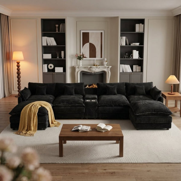 English Elm 145 Inch U-Shaped Modular Sectional Chenille Cloud Sofa with Console and USB Ports Black W5939S00001