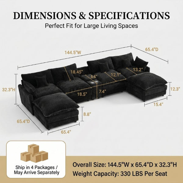 English Elm 145 Inch U-Shaped Modular Sectional Chenille Cloud Sofa with Console and USB Ports Black W5939S00001