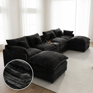 English Elm 145 Inch U-Shaped Modular Sectional Chenille Cloud Sofa with Console and USB Ports Black W5939S00001