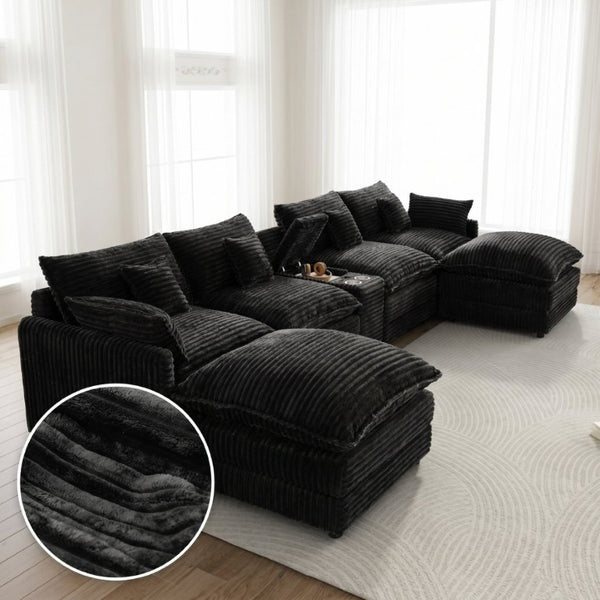English Elm 145 Inch U-Shaped Modular Sectional Chenille Cloud Sofa with Console and USB Ports Black W5939S00001