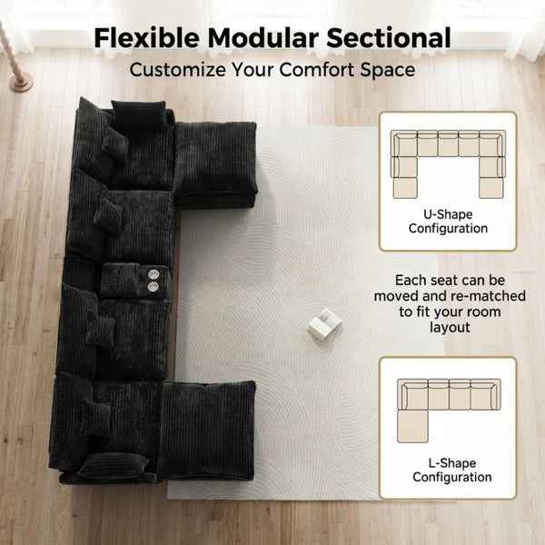 English Elm 145 Inch U-Shaped Modular Sectional Chenille Cloud Sofa with Console and USB Ports Black W5939S00001