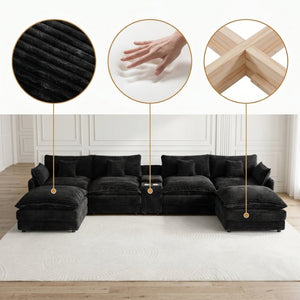 English Elm 145 Inch U-Shaped Modular Sectional Chenille Cloud Sofa with Console and USB Ports Black W5939S00001
