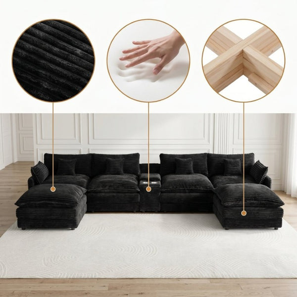 English Elm 145 Inch U-Shaped Modular Sectional Chenille Cloud Sofa with Console and USB Ports Black W5939S00001