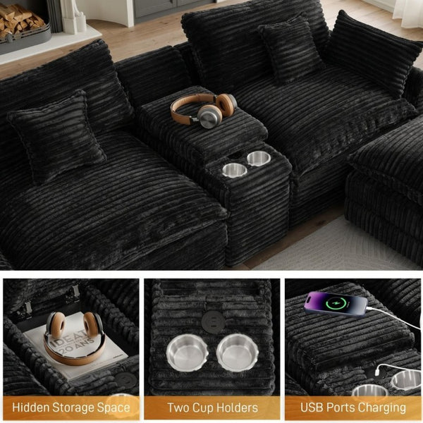 English Elm 145 Inch U-Shaped Modular Sectional Chenille Cloud Sofa with Console and USB Ports Black W5939S00001