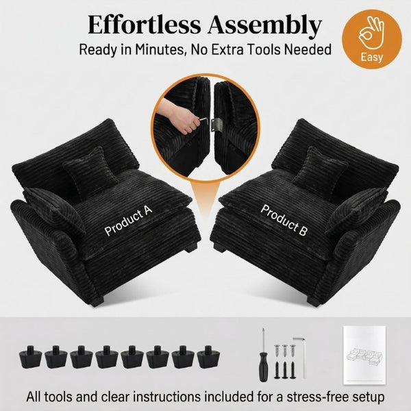 English Elm 145 Inch U-Shaped Modular Sectional Chenille Cloud Sofa with Console and USB Ports Black W5939S00001