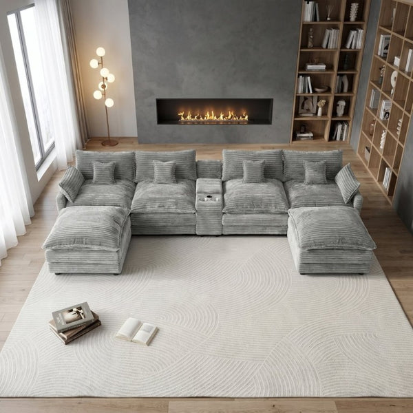 English Elm 145 Inch U-Shaped Modular Sectional Chenille Cloud Sofa with Console and USB Ports Light Grey W5939S00002