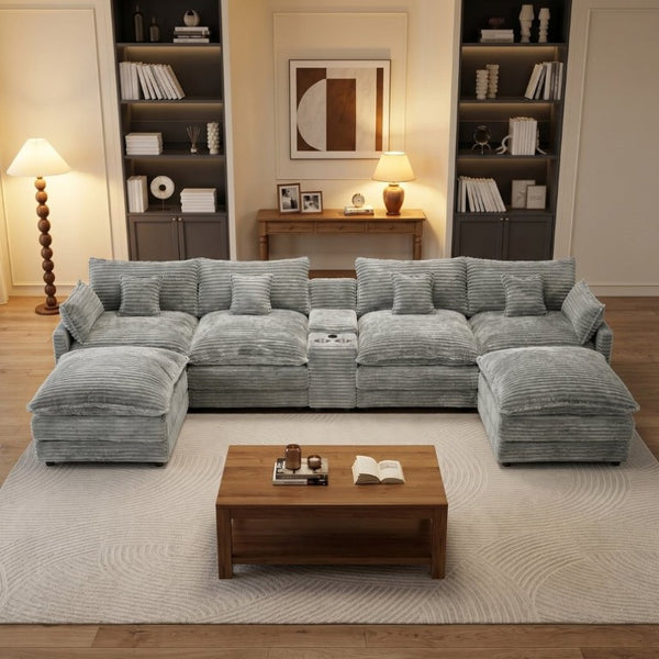 English Elm 145 Inch U-Shaped Modular Sectional Chenille Cloud Sofa with Console and USB Ports Light Grey W5939S00002