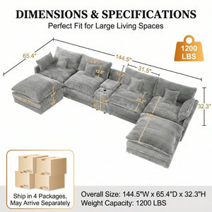 English Elm 145 Inch U-Shaped Modular Sectional Chenille Cloud Sofa with Console and USB Ports Light Grey W5939S00002
