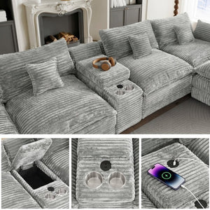 English Elm 145 Inch U-Shaped Modular Sectional Chenille Cloud Sofa with Console and USB Ports Light Grey W5939S00002