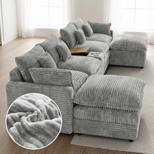 English Elm 145 Inch U-Shaped Modular Sectional Chenille Cloud Sofa with Console and USB Ports Light Grey W5939S00002