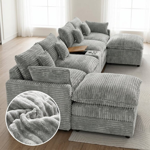 English Elm 145 Inch U-Shaped Modular Sectional Chenille Cloud Sofa with Console and USB Ports Light Grey W5939S00002