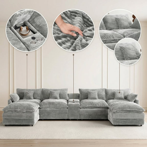 English Elm 145 Inch U-Shaped Modular Sectional Chenille Cloud Sofa with Console and USB Ports Light Grey W5939S00002
