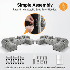 English Elm 145 Inch U-Shaped Modular Sectional Chenille Cloud Sofa with Console and USB Ports Light Grey W5939S00002