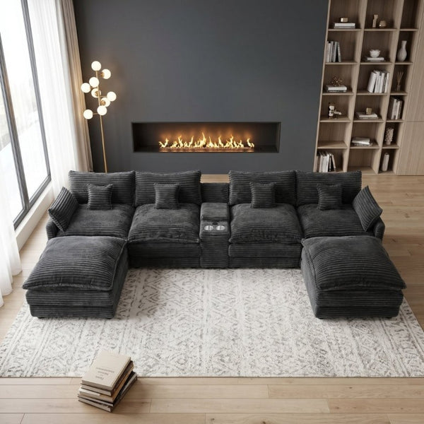 English Elm 145 Inch U-Shaped Modular Sectional Chenille Cloud Sofa with Console and USB Ports Dark Grey W5939S00003