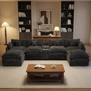 English Elm 145 Inch U-Shaped Modular Sectional Chenille Cloud Sofa with Console and USB Ports Dark Grey W5939S00003