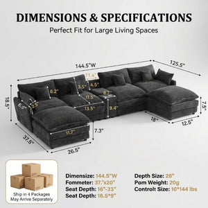 English Elm 145 Inch U-Shaped Modular Sectional Chenille Cloud Sofa with Console and USB Ports Dark Grey W5939S00003