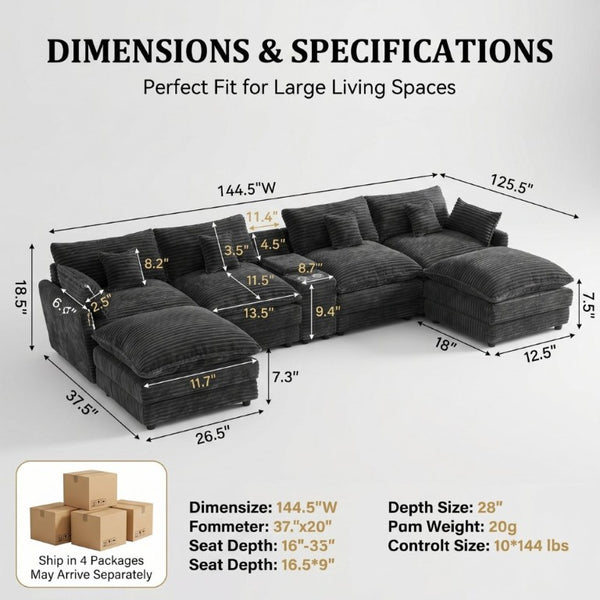 English Elm 145 Inch U-Shaped Modular Sectional Chenille Cloud Sofa with Console and USB Ports Dark Grey W5939S00003
