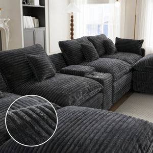 English Elm 145 Inch U-Shaped Modular Sectional Chenille Cloud Sofa with Console and USB Ports Dark Grey W5939S00003