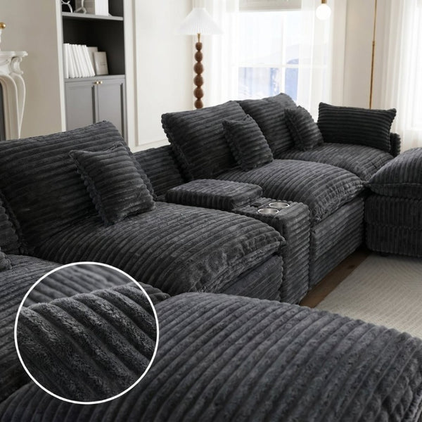 English Elm 145 Inch U-Shaped Modular Sectional Chenille Cloud Sofa with Console and USB Ports Dark Grey W5939S00003