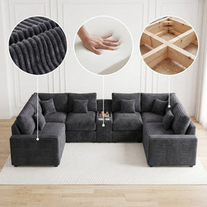 English Elm 145 Inch U-Shaped Modular Sectional Chenille Cloud Sofa with Console and USB Ports Dark Grey W5939S00003