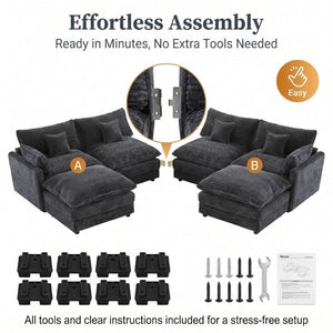 English Elm 145 Inch U-Shaped Modular Sectional Chenille Cloud Sofa with Console and USB Ports Dark Grey W5939S00003