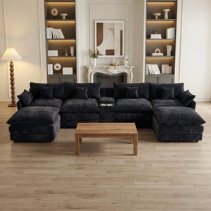 English Elm 145 Inch U Shaped Modular Sectional Chenille Sofa with Console Six Seat Living Room Black W5939S00004