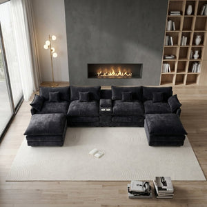English Elm 145 Inch U Shaped Modular Sectional Chenille Sofa with Console Six Seat Living Room Black W5939S00004