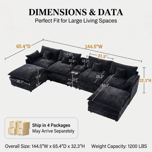 English Elm 145 Inch U Shaped Modular Sectional Chenille Sofa with Console Six Seat Living Room Black W5939S00004