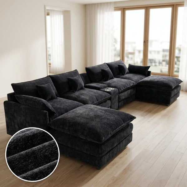 English Elm 145 Inch U Shaped Modular Sectional Chenille Sofa with Console Six Seat Living Room Black W5939S00004