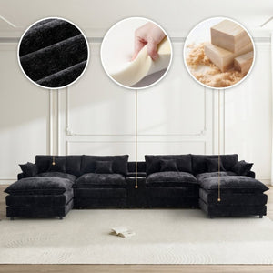 English Elm 145 Inch U Shaped Modular Sectional Chenille Sofa with Console Six Seat Living Room Black W5939S00004