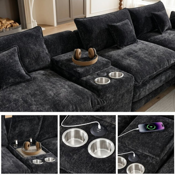 English Elm 145 Inch U Shaped Modular Sectional Chenille Sofa with Console Six Seat Living Room Black W5939S00004