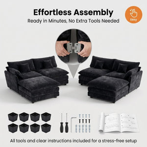 English Elm 145 Inch U Shaped Modular Sectional Chenille Sofa with Console Six Seat Living Room Black W5939S00004