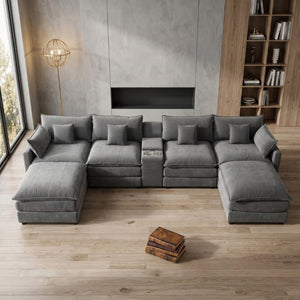 English Elm 145 Inch U Shaped Modular Sectional Chenille Sofa with Console Six Seat Living Room Dark Grey W5939S00005