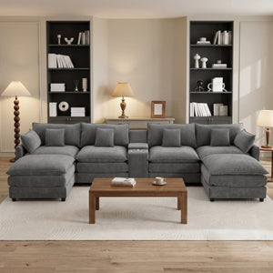English Elm 145 Inch U Shaped Modular Sectional Chenille Sofa with Console Six Seat Living Room Dark Grey W5939S00005