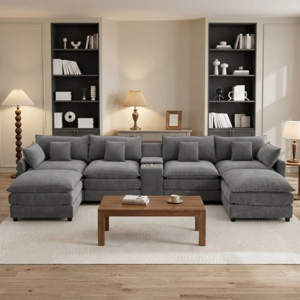 English Elm 145 Inch U Shaped Modular Sectional Chenille Sofa with Console Six Seat Living Room Dark Grey W5939S00005