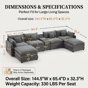 English Elm 145 Inch U Shaped Modular Sectional Chenille Sofa with Console Six Seat Living Room Dark Grey W5939S00005