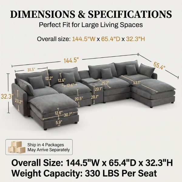 English Elm 145 Inch U Shaped Modular Sectional Chenille Sofa with Console Six Seat Living Room Dark Grey W5939S00005