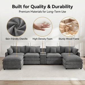 English Elm 145 Inch U Shaped Modular Sectional Chenille Sofa with Console Six Seat Living Room Dark Grey W5939S00005