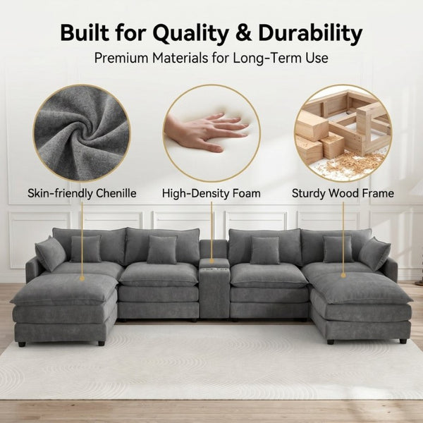 English Elm 145 Inch U Shaped Modular Sectional Chenille Sofa with Console Six Seat Living Room Dark Grey W5939S00005