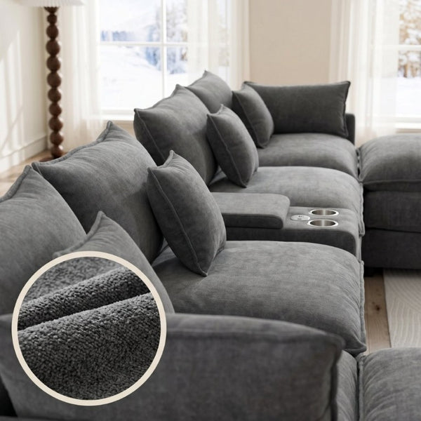 English Elm 145 Inch U Shaped Modular Sectional Chenille Sofa with Console Six Seat Living Room Dark Grey W5939S00005