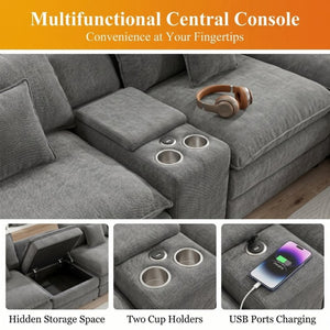 English Elm 145 Inch U Shaped Modular Sectional Chenille Sofa with Console Six Seat Living Room Dark Grey W5939S00005