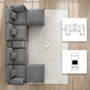 English Elm 145 Inch U Shaped Modular Sectional Chenille Sofa with Console Six Seat Living Room Dark Grey W5939S00005