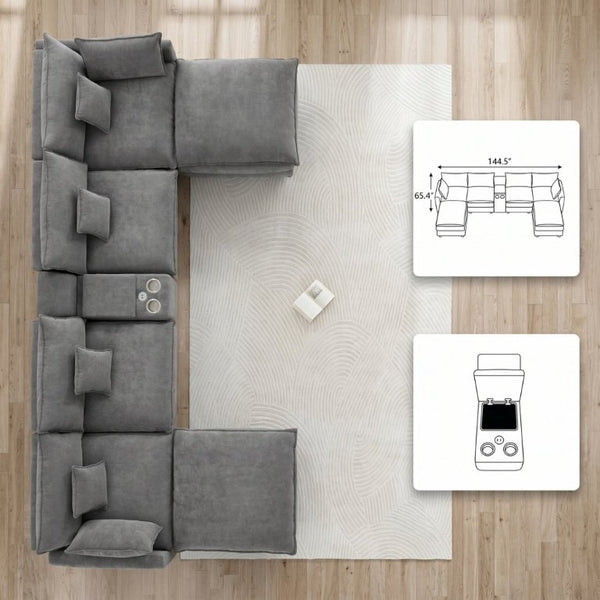 English Elm 145 Inch U Shaped Modular Sectional Chenille Sofa with Console Six Seat Living Room Dark Grey W5939S00005