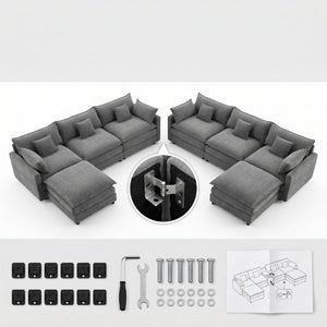 English Elm 145 Inch U Shaped Modular Sectional Chenille Sofa with Console Six Seat Living Room Dark Grey W5939S00005