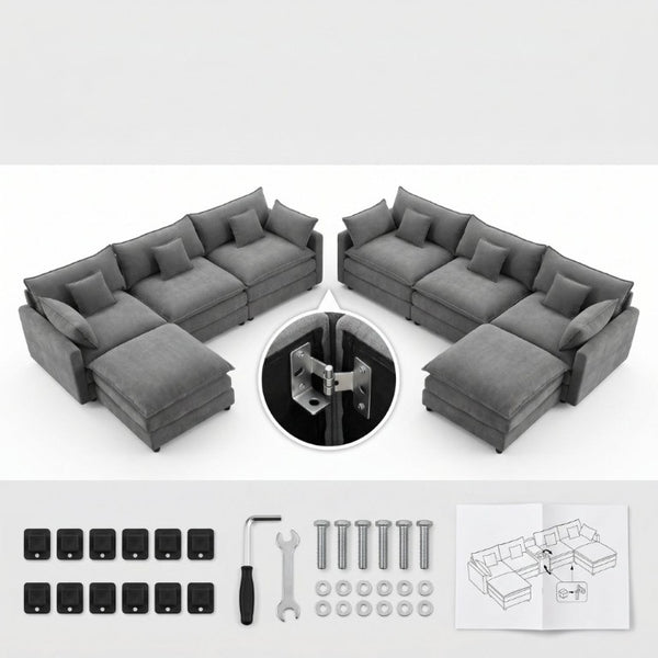 English Elm 145 Inch U Shaped Modular Sectional Chenille Sofa with Console Six Seat Living Room Dark Grey W5939S00005