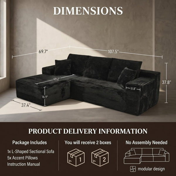 English Elm 107 Inch Modular L Shaped Sectional with Deep Memory Foam Corduroy Cloud Seating W5939S00006