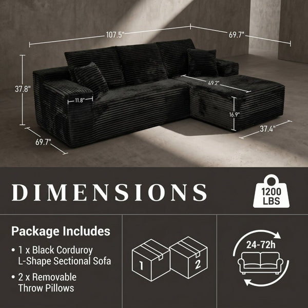 English Elm 107 Inch L Shaped Modular Sectional with Plush Corduroy Memory Foam Chaise Sofa W5939S00007