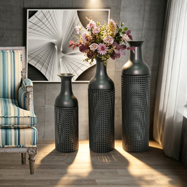 English Elm Decorative Metal Floor Vase Trio Leaf Print Cylindrical Set for Entryway Living Room W5977P521293